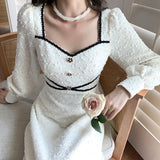 Billlnai  2023  Elegant Vintage White Dress Women Winter Fairy Midi Party Dress Evening Office Lady Design Outwear One Piece Dress Korean