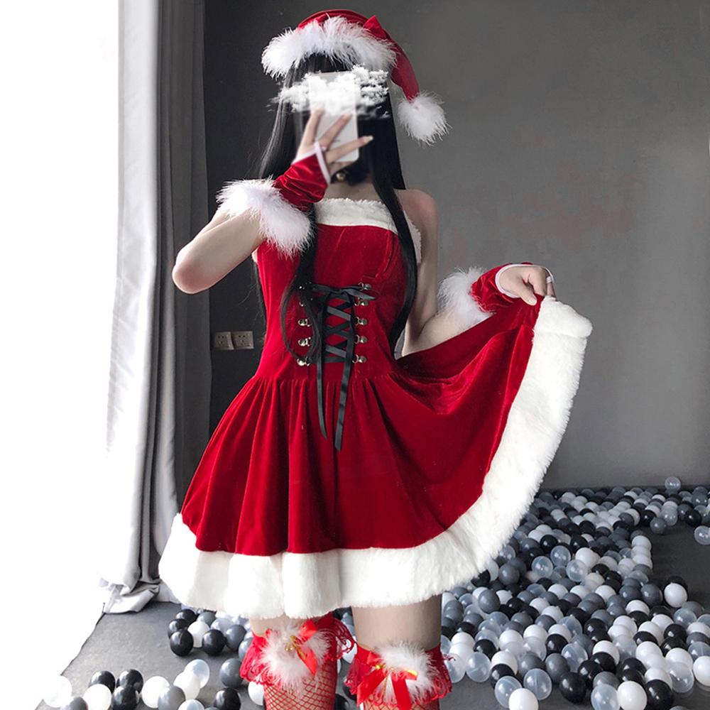 Christmas Xmas Party Lady Miss Santa Claus Cosplay Costume Sexy Uniform Sleeveless Maid Waitress Winter A-Line Tube Dress Gift