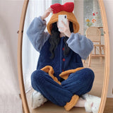 Sleepwear Woman Winter Cute Pajamas Suit Female Sweet Hooded Bowknot Long Sleeve Warm Home Service Two-piece Suit Pajama Set
