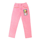 Vintage Pink Women‘s Jeans Pants Mid-waist Sun Star Pattern Young Girl Denim Trousers Summer Autumn Female Cute Jeans Cartoon