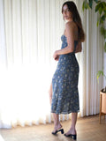 Billlnai  Split Vestidos Retro Dresses Slim Chic Dress Vintage Blue Floral Print Tube Top Women Dress
