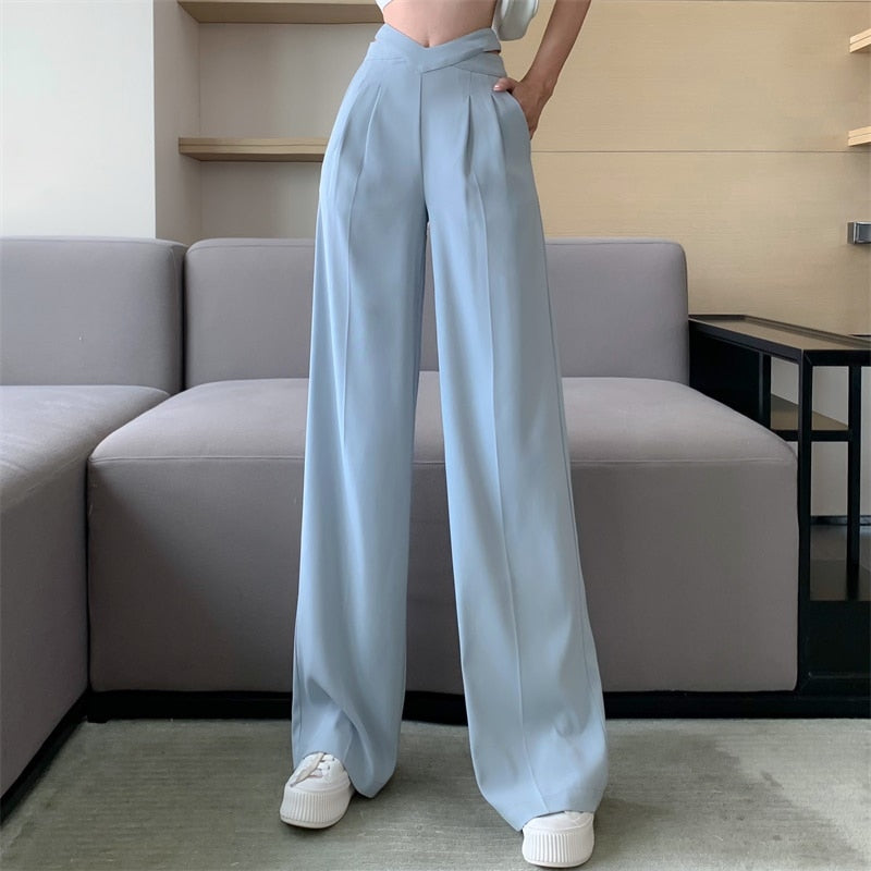 Korean Fashion Wide Leg Pants High Waist Solid Casual Loose Office Lady Suit Pants Straight Trousers Women Baggy Pantalones