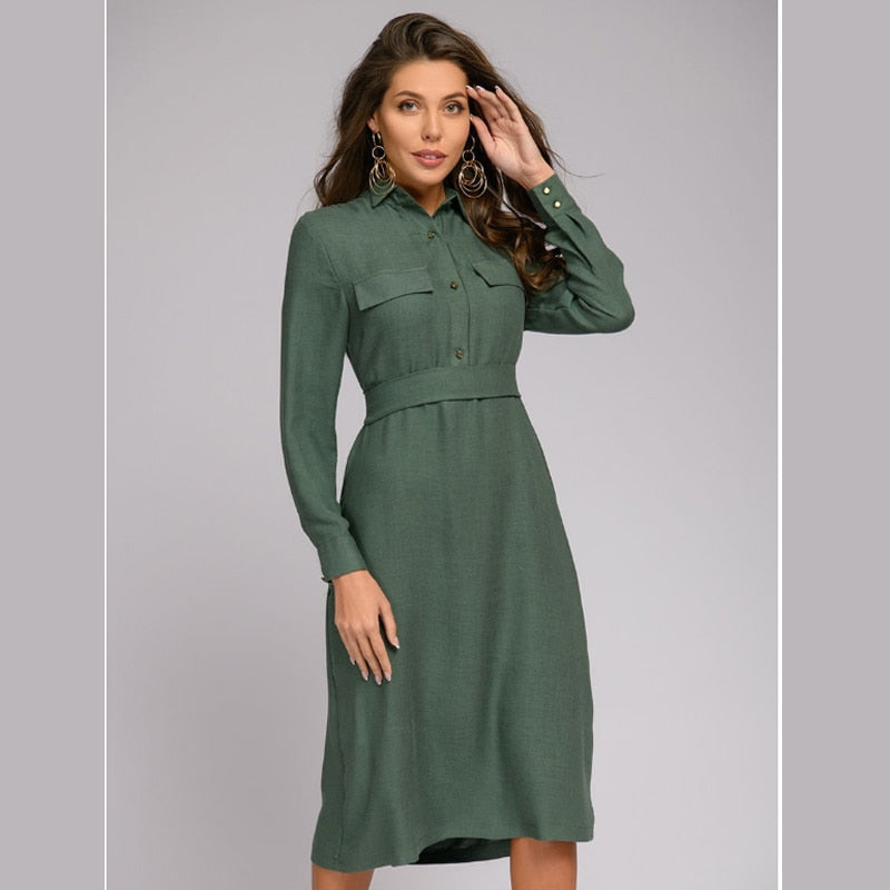Women Vintage Sashes A-line Party Long Sleeve Turn Down Collar Solid Elegant Casual Slim Dress 2020 Autumn New Fashion Dress
