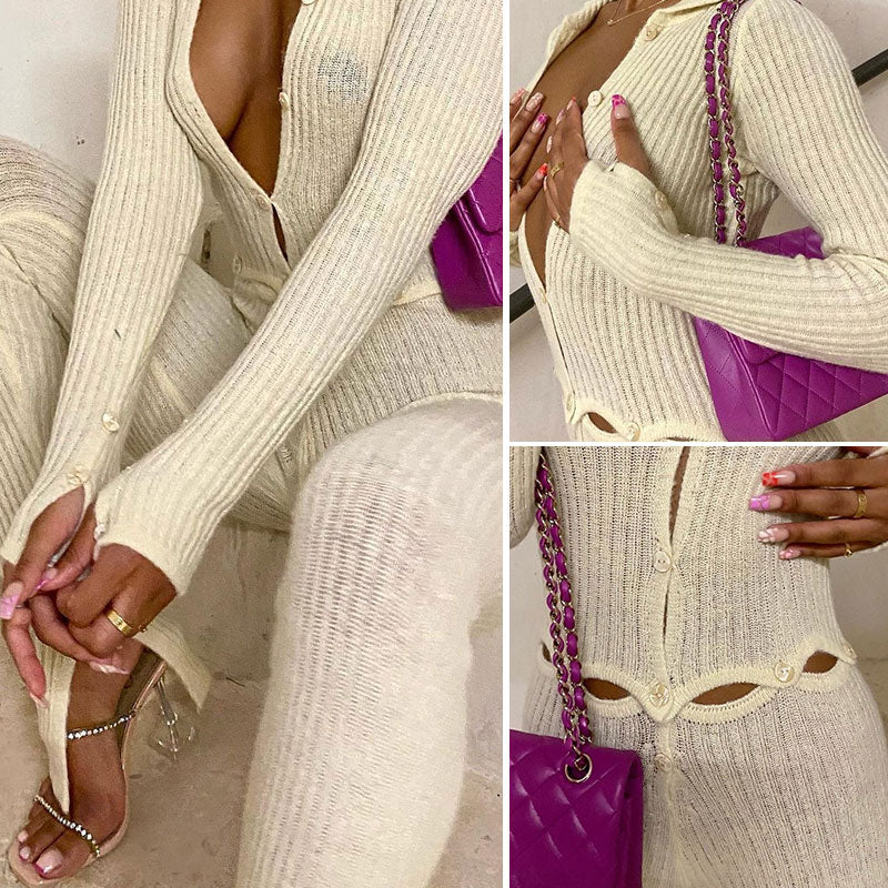 Tossy Skinny Two Piece Set Women Knit V-Neck Long Sleeve Top And Pants Female Jumpsuits 2 Piece Outfits Sexy Femme Matching Sets