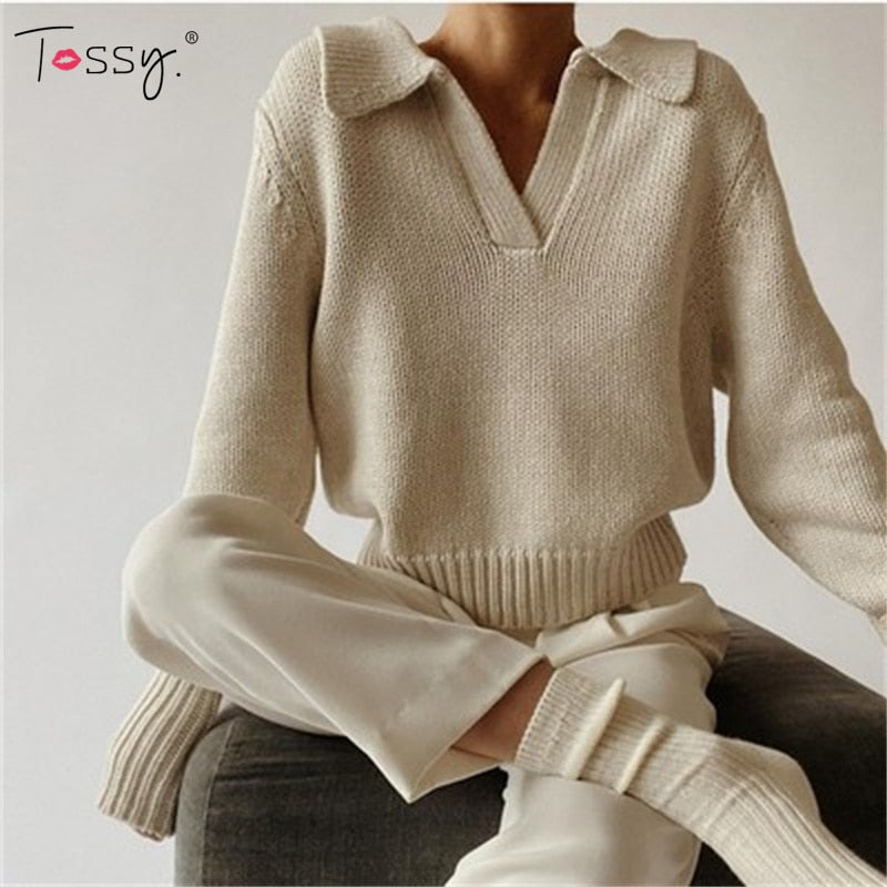 Tossy Women's Long Sleeves V-neck Knitted Sweater Loose Casual Fashion Pullover Autumn Winter Sweatshirts Female Jumper 2023