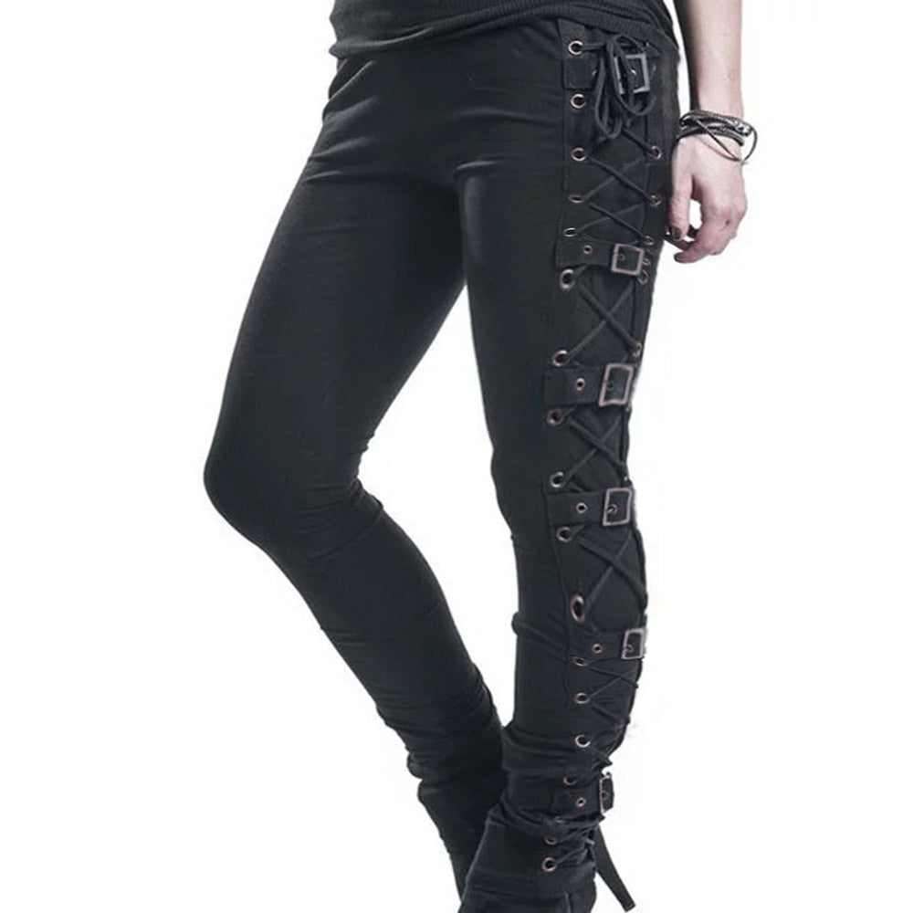 Rosetic Lace Up Casual Cargo Pants Women Buckle Gothic Punk Rock Dark Black Pantalons High Waist Pants Plus Size Trousers S-5XL