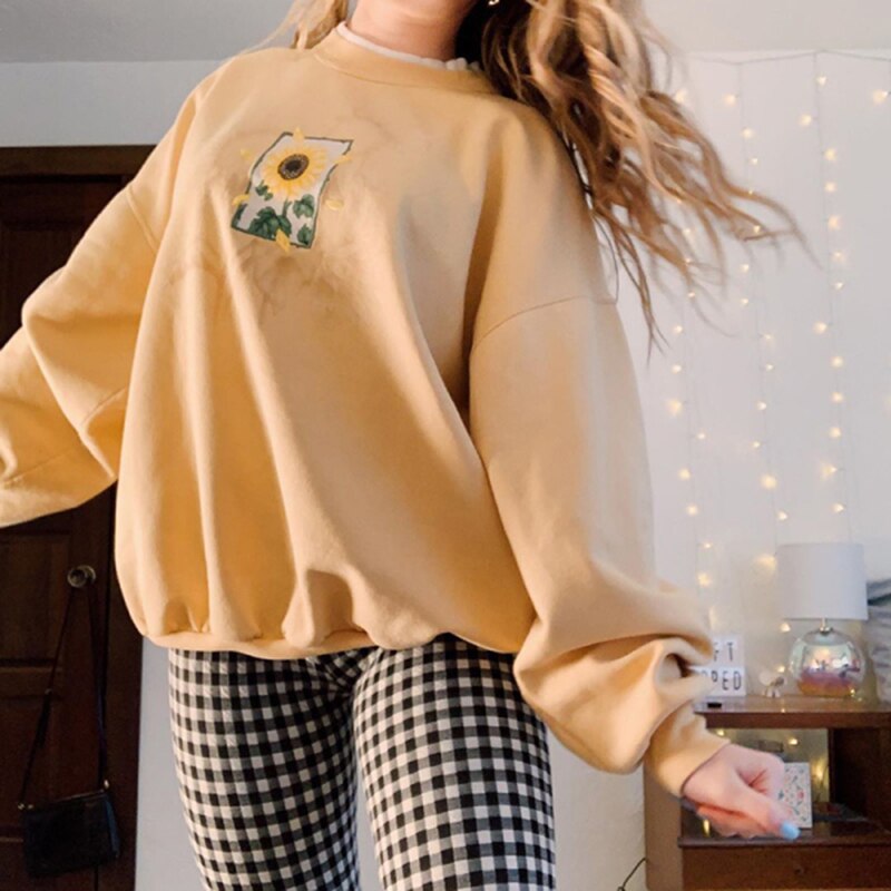 Women's Sweatshirt With Flower Print O-Neck 2020 Autumn Winter Female Casual Cute Yellow Clothes Woman Hoodies Loose Pullover