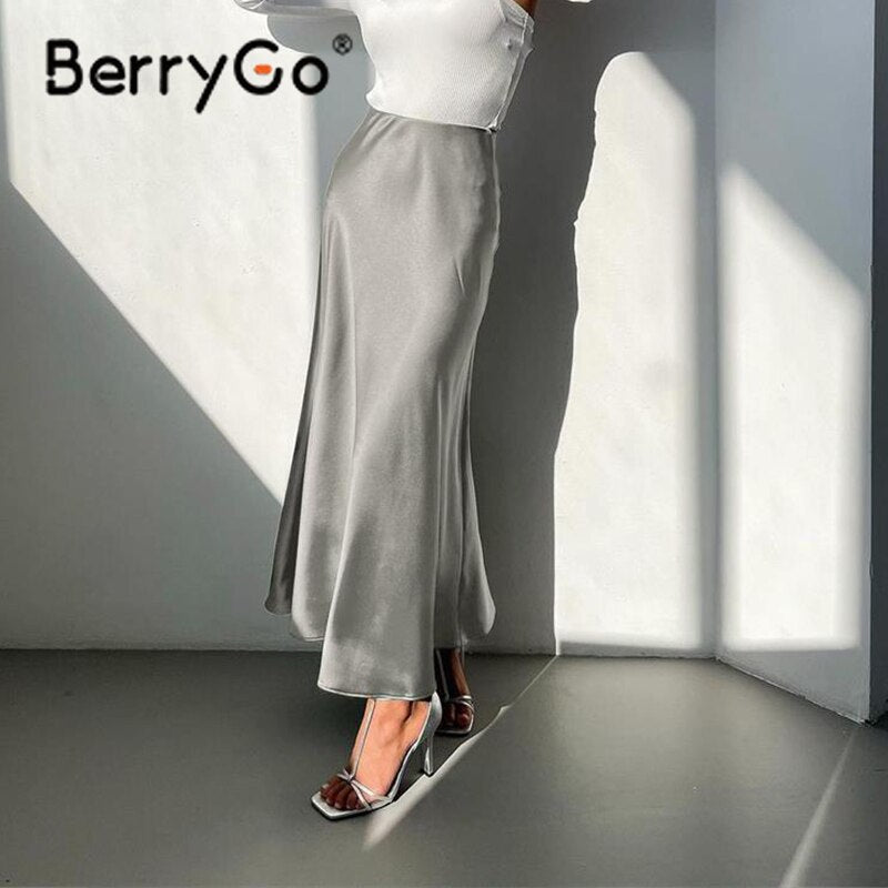 BerryGo Casual high waist long satin skirt women Elegant a-line autumn winter skirts High street ankle length maxi skirts 2023