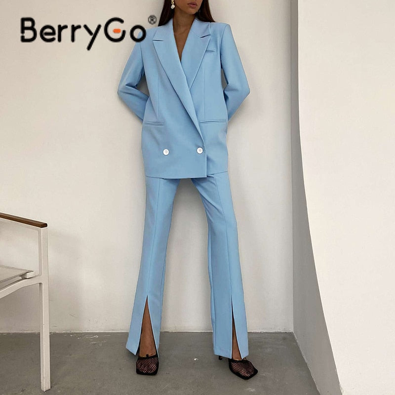 BerryGo Business split shawl collar autumn pant suit women  Office high waist female two piece sets  Loose blazer blue suit sets