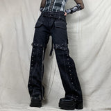 Billlnai Buckle Black Punk Goth Jean Fashion Woman Techwear Dark Academic Print E Girl Cargo Pants Low Waist Denim Trousers
