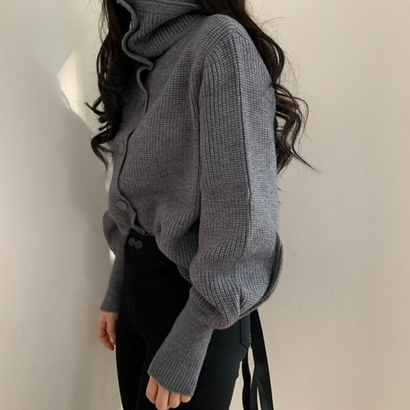 Sweater Women Lapel Buttoned Cardigan Spring Fall Turtleneck Long Sleeve Solid Sweaters Tops Ladies korean Style Jacket 2023