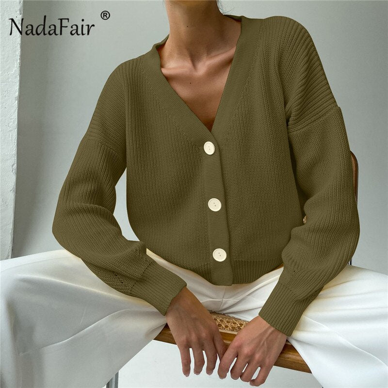 Christmas Gift Nadafair V Neck Casual Cardigans for Women Green Autumn Oversized Sweaters Jumpers Button Up Solid Winter Knitted Cardigans