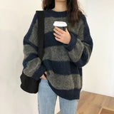 2023 Women Sweater Korean Oversized Striped Loose Pullover Female Streetwear Autumn Winter Knitted Jumper Lazy Wind O Neck Top