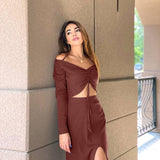 Black Friday Big Sales Two Piece Set Women Skirt Drawstring Strap Cropped Dresses For Women 2023 Off-Shoulder Sexy Split Suits With Skirt Autumn