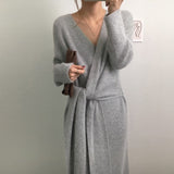 Graduation Gift  party  dress Billlnai  2023  Korean Belted Cashmere Sweater Dress Women Office Lady V Neck Knitted Dress Winter Warm Thick Party Dress Plus Size Loose V953