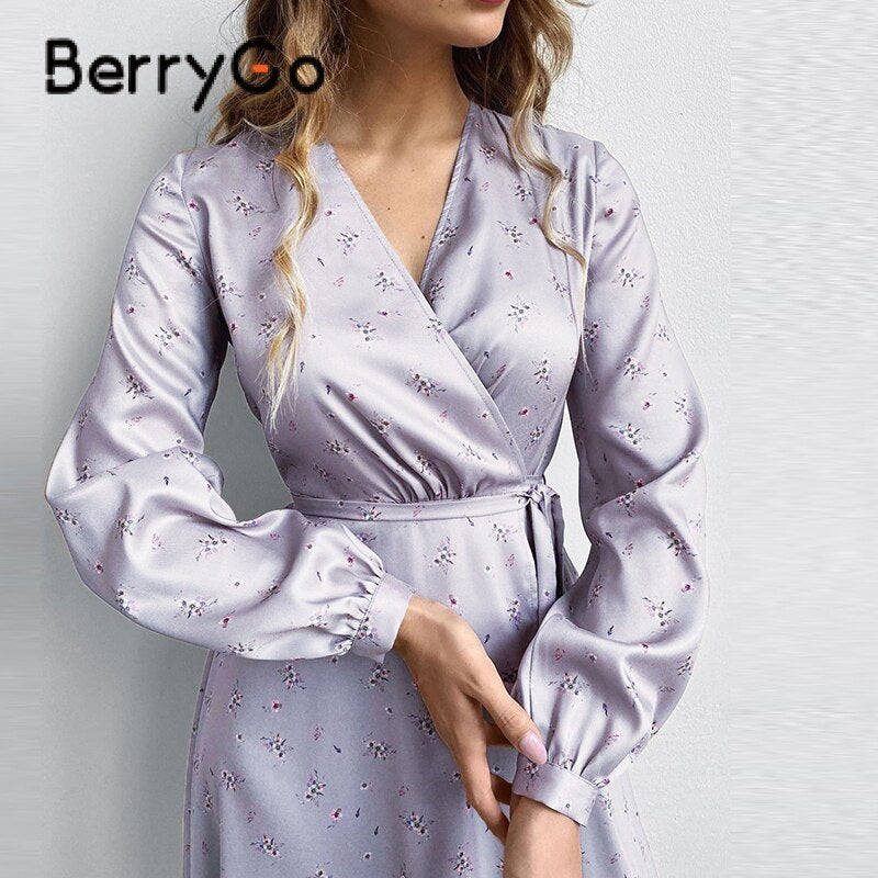 BerryGo Bohemian A-line split maxi wrap floral dress women Holiday female v-neck lace up dresses Elegant long sleeves vestidos
