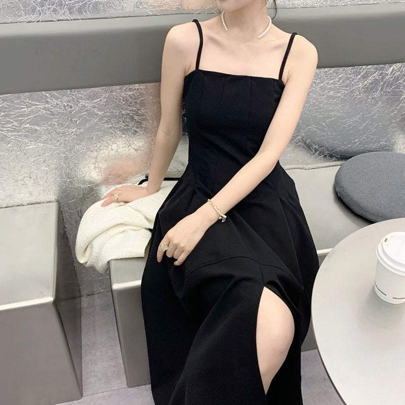 Billlnai 2023 French Elegant Sundresses for Women Summer Vintage Strap Dress Females Party Sexy Black Midi Dress Korean Style Gothic
