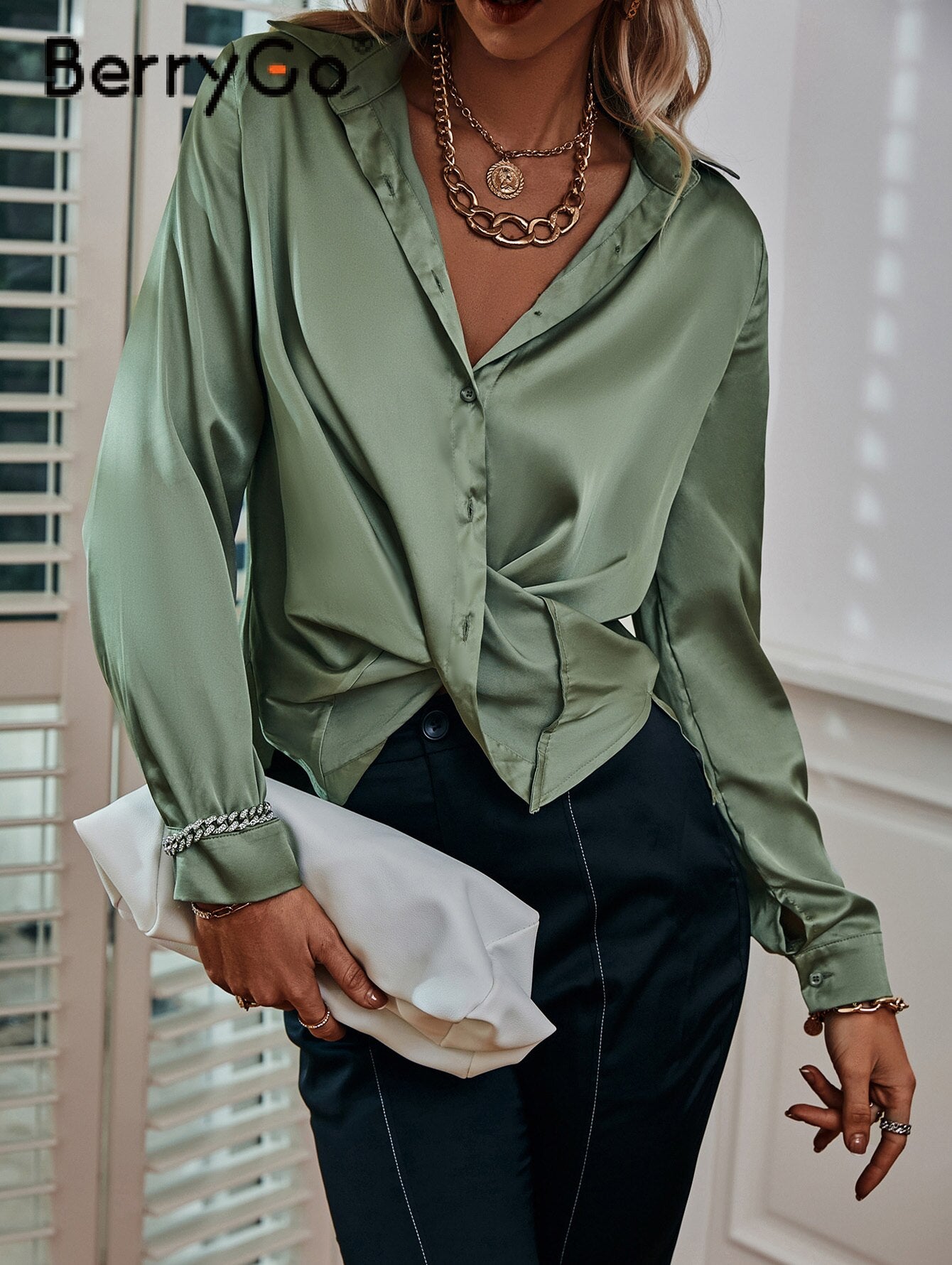 BerryGo Fashion wrap satin silk blouse shirt women Long sleeve slim unisex blouse female High street solid single breasted tops