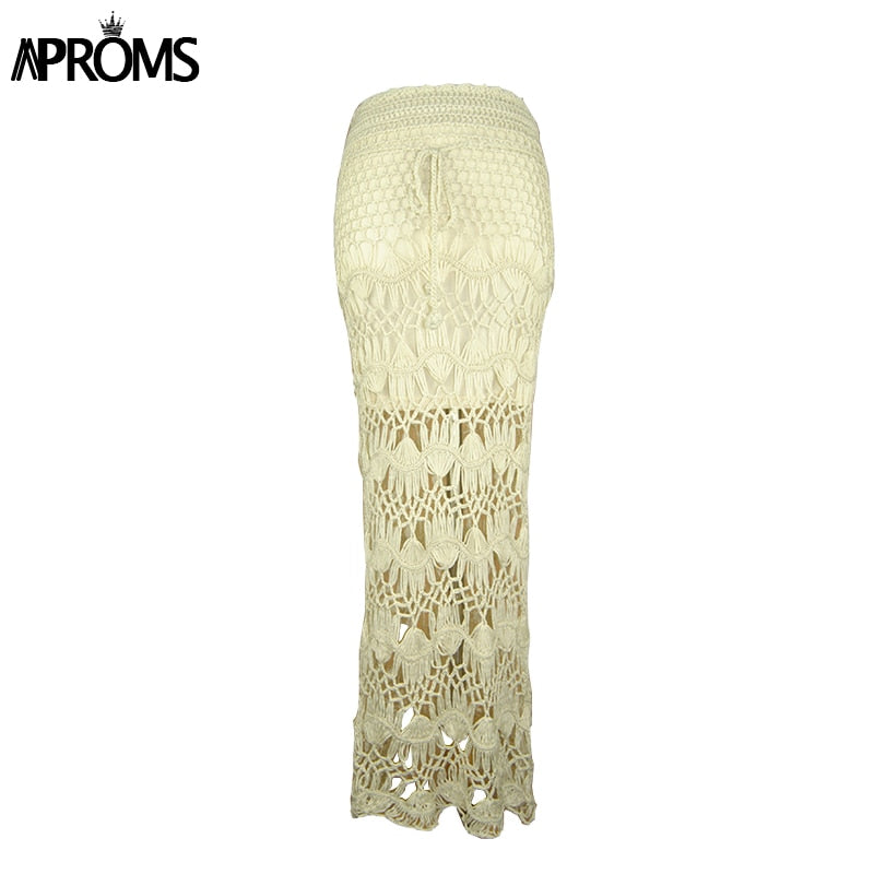 Aproms Bohemia Crochet Kintted Long Maxi Skirt Women Vintage Cotton Hollow Out Skirts Ladies Summer Beach Pencil Skirts 2023