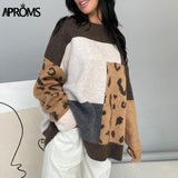 Aproms Elegant Leopard Print Oversized Pullovers Female Autumn Winter 2023 Soft Warm Knitted Sweaters Loose Jumpers for Women