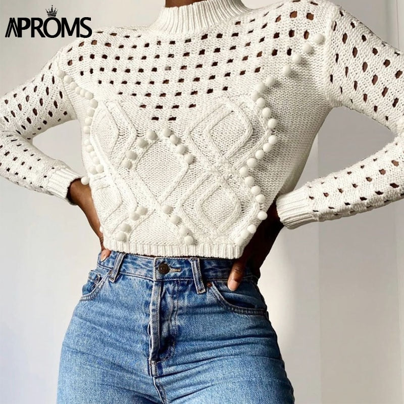 Aproms Elegant High Neck PomPom Knitted Sweater Women Long Sleeve Cropped Sweater Autumn Winter Short Slim Pullover White Jumper