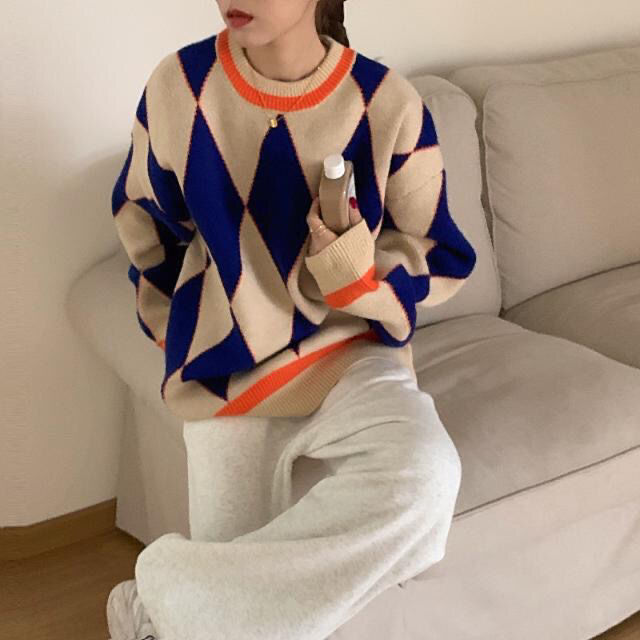 Korobov Korean Chic Hit Color Patchwork Women Sweaters Vintage O Neck Long Sleeve Sueter Mujer Autumn Plaid Striped Pullovers