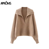 Aproms Elegant V-neck Batwing Sleeve Knitted Oversized Sweater Women 2023 Winter Long Sleeve Warm Cropped Pullover Female Jumper