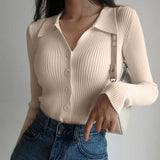 Billlnai Women 2023 Spring New Lapel Slim Slimming Tops Ladies Hollow Buttons Sexy V Neck Long Sleeve POLO Neck Knit Cardigan Sweater Women