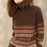 Billlnai 2023 New Autumn Winter High Neck Pullover Cashmere Sweater Women's Jacquard Casual Retro Folk Oversize Knitted Tops Fashion