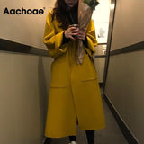 Aachoae Elegant Solid Long Wool Coat Women Batwing Long Sleeve Loose Drop Shoulder Pocket Coat Split Hem Chic Stylish Jacket
