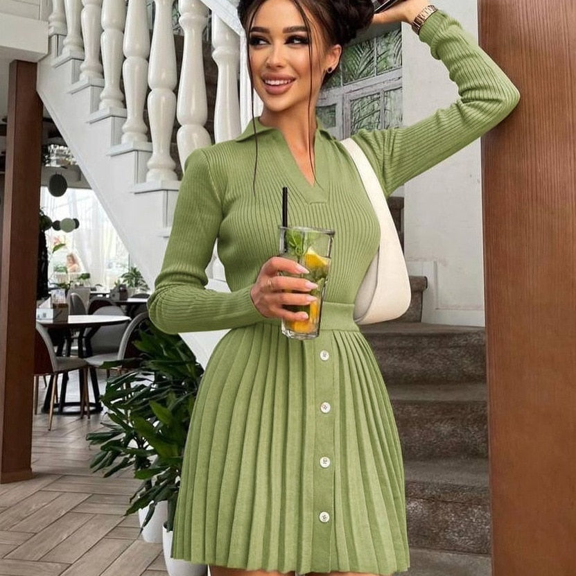 Tossy Knitted Pleated Skirt Set Women Sexy Long Sleeve Slim Tops And High Waisted Mini Skirt Dress Two Piece Set Y2K 2023 Chic