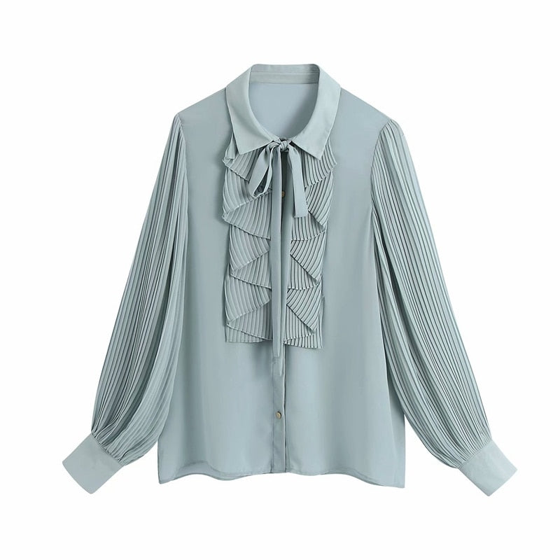 Ardm Women Tops And Bloues Chiffion Ruffled Bow Tied Pleated With Button Shirt Chic Tops Mujer Sweet Tops For Women Full Sleeves