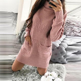 Women Casual Front Pockets Knitted Sweater Dress Long Sleeve Turtleneck Solid Warm High Street Mini Dress 2023 Winter Dress