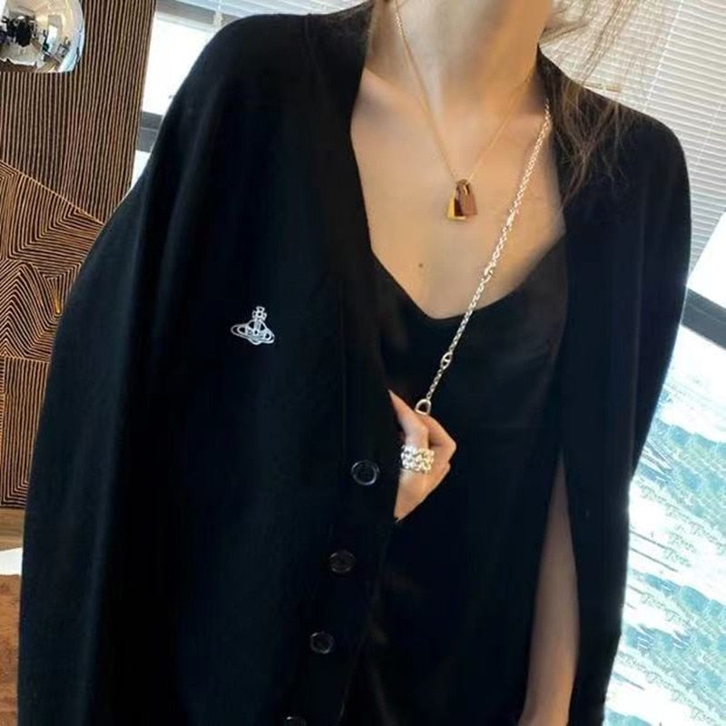 Creative embroidery thin cashmere knit cardigan women fall loose lazy v-neck sweater coat black cardigan