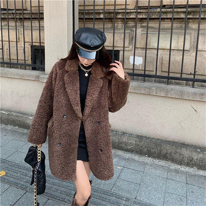 Women Casual Solid Color Notched Collar Fur Coat Female Loose New Style Winter Double Breasted Blazer