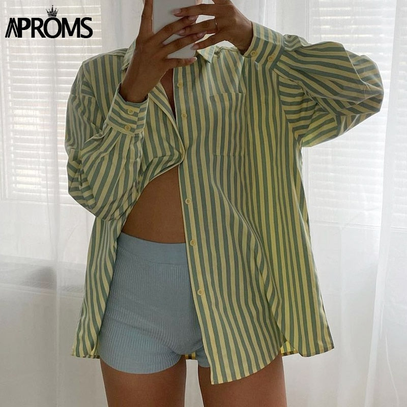 Aproms Elegant Striped Print Front Pocket Buttons Oversized Shirt Women 2023 Cool Style Autumn Fashion Shirts Female Long Top