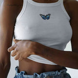 Summer Vest Tank Pure Color Halter Crop Tops Casual Sexy Butterfly Embroidered Short Slim Sleeveless White Tops