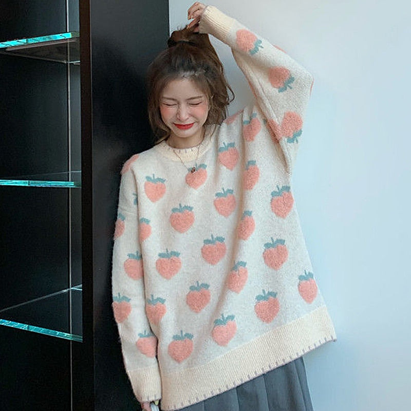 Female Sweater Knitted 2023 Autumn Korean Fashion Strawberry Long Sleeve Jumper Women Sweet O-neck Loose Pullovers