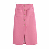 Billlnai Fashion High Waist Button Pockets Tweed Split Midi Skirts Vintage Elegant Office Ladies Skirt Women 2023 Chic Bodycon Jupes
