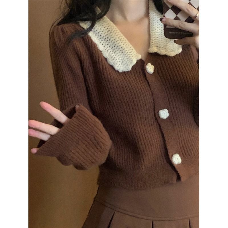 HOUZHOU Vintage Brown Sweater Women Autumn Korean Style Y2K Long Sleeve Knitted Cardigan Preppy Style Girls Causal Crop Top
