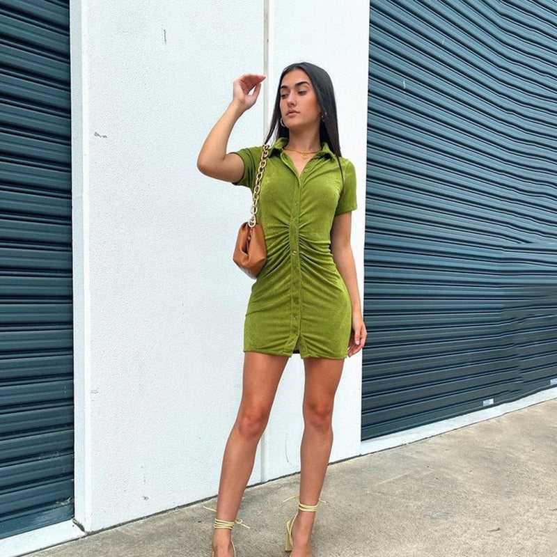Tossy Summer Short Sleeve Ruched Shirt Dress Casual Button Slim Bodycon Mini Dresses For Women Turn-Down Collar Streetwear 2023