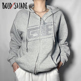 Bold Shade 90s Skater Style Rhinestone Hoodies Letter Pocket Zipper Women Sweatshirts Long Sleeve Y2k E-girl Streetwear Hoodie