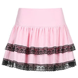Billlnai Lace Patchwork Pink Pleated Skirt Female Cute Aesthetic Woman High Waist Plaid Skirt Harajuku E Girl Mini Skirts