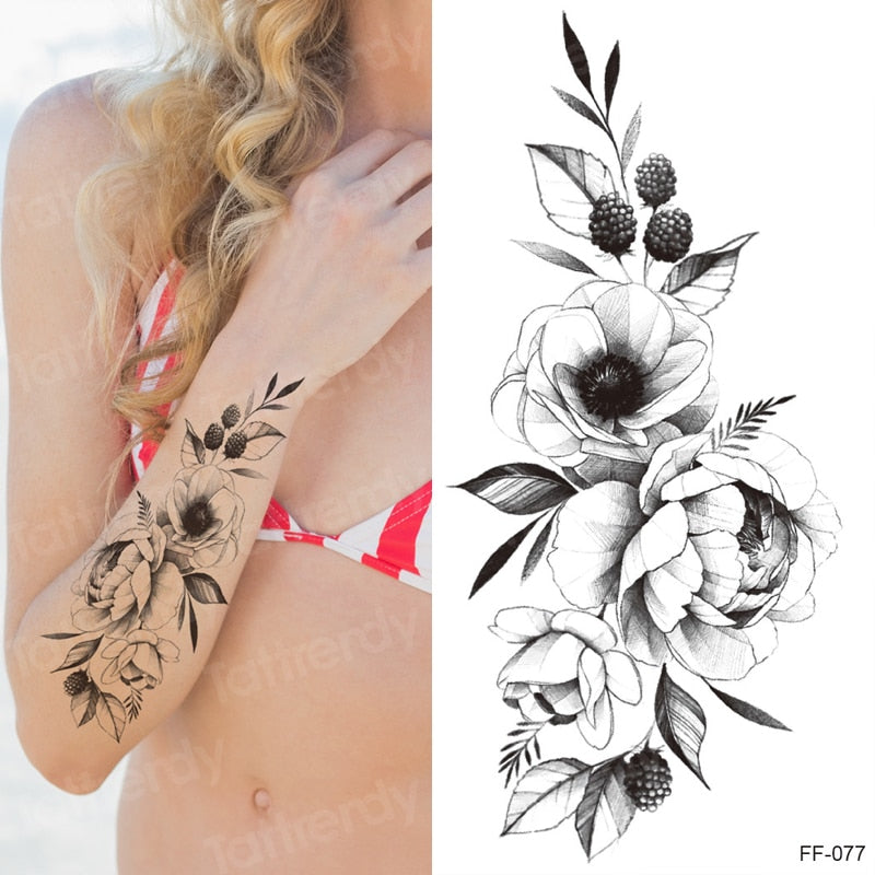Billlnai Rose Peony Flower Girls Temporary Tattoos For Women Waterproof Black Tattoo Stickers 3D Blossom Lady Shoulder DIY Tatoos Water