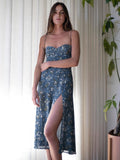 Billlnai  Split Vestidos Retro Dresses Slim Chic Dress Vintage Blue Floral Print Tube Top Women Dress