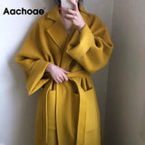 Aachoae Elegant Solid Long Wool Coat Women Batwing Long Sleeve Loose Drop Shoulder Pocket Coat Split Hem Chic Stylish Jacket