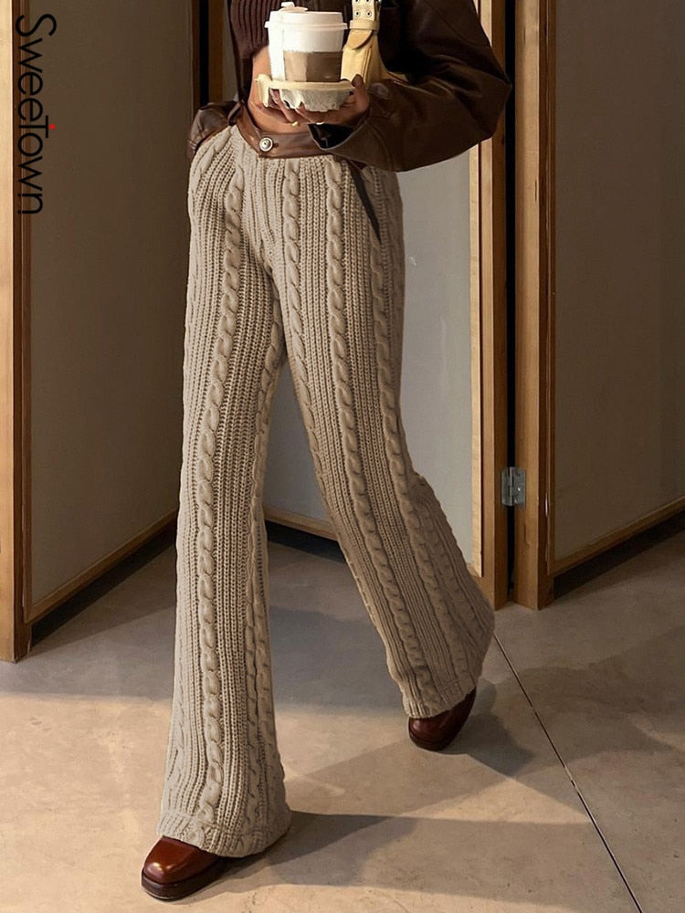 Billlnai  Harajuku Knit Warm Winter Woman Pants Contrast Waist Vintage Elegant Wide Leg Trousers Women Korean Fashion Sweatpants