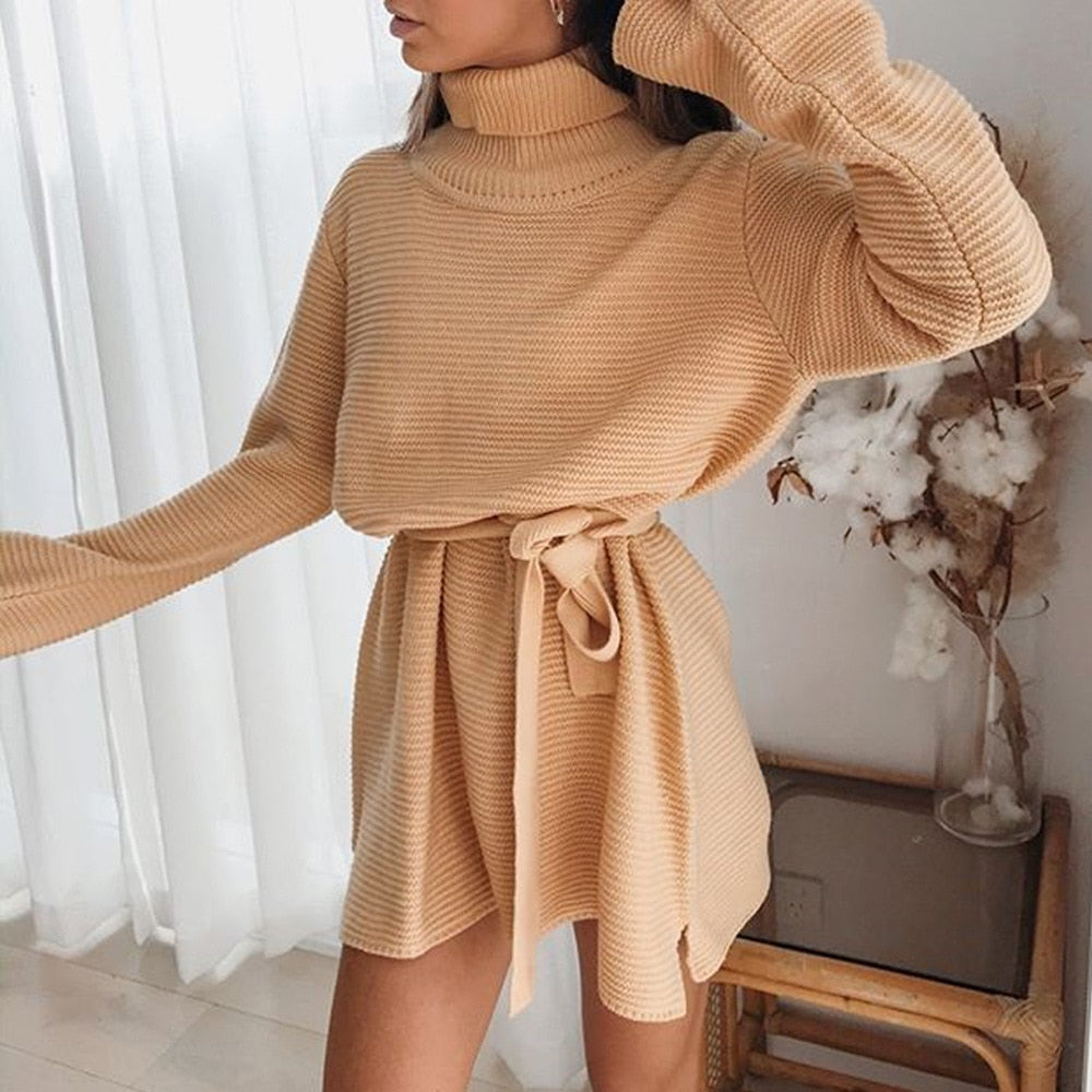 Cryptographic 2023 Fall Autumn Knitted Sweaters Dress Turtleneck Long Sleeve Split Mini Dress Club Party Dresses Oversized Tunic
