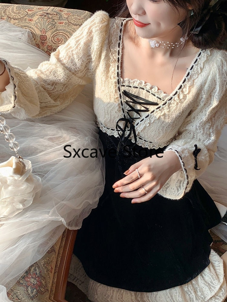 Billlnai 2023 Spring French Vintage Mini Dress Women Casual Lace Party Short Dress Lolita Kawaii Clothing Elegant One Piece Dress Korean