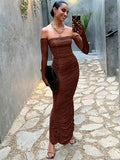Billlnai Elegant Off Shoulder Long Sleeve Ruched Bodycon Maxi Dress Women 2023 Sexy Ladies Evening Party Brown Tube Dresses With Gloves